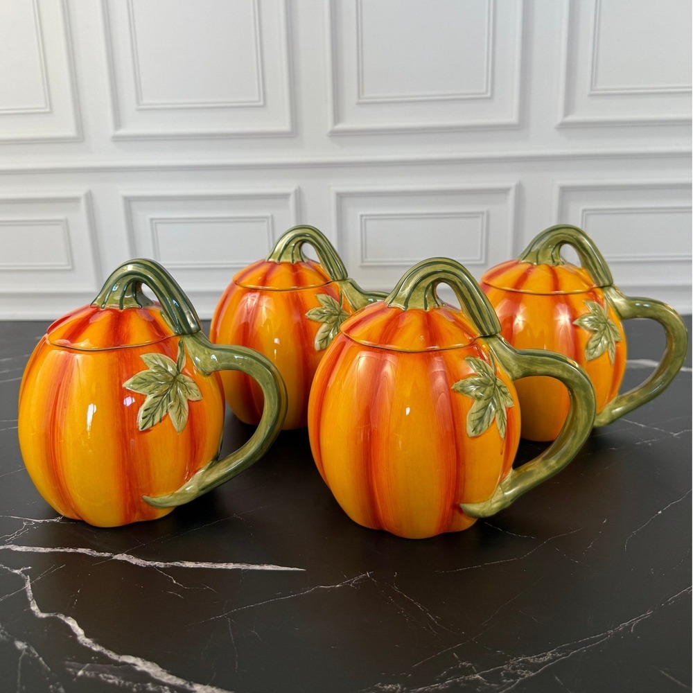 Set of 4 Mesa International Lidded Ceramic Glazed Pumpkin Mugs 6" Tall